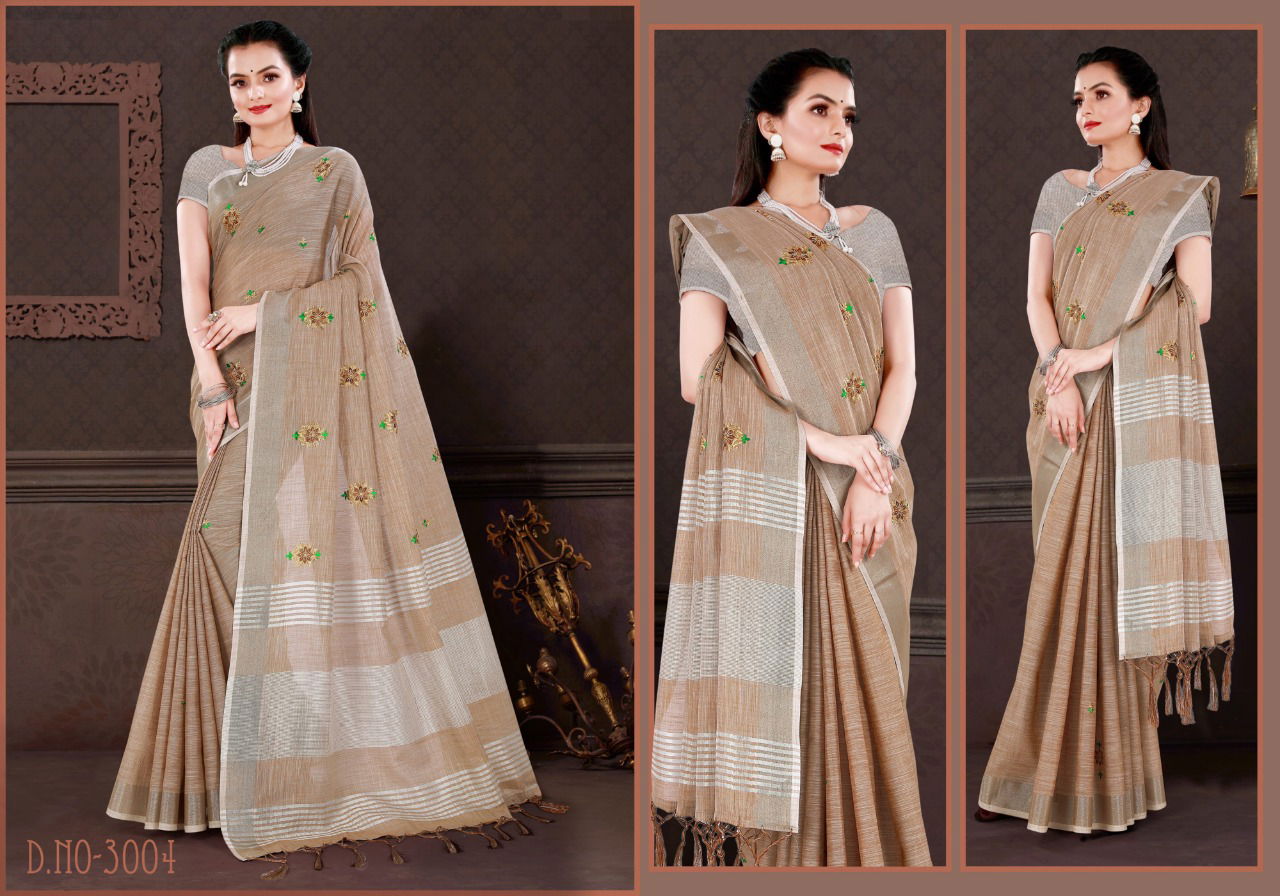 Sangam Swara New Fancy Wear Designer Linen Embroidery Work Saree Collection
